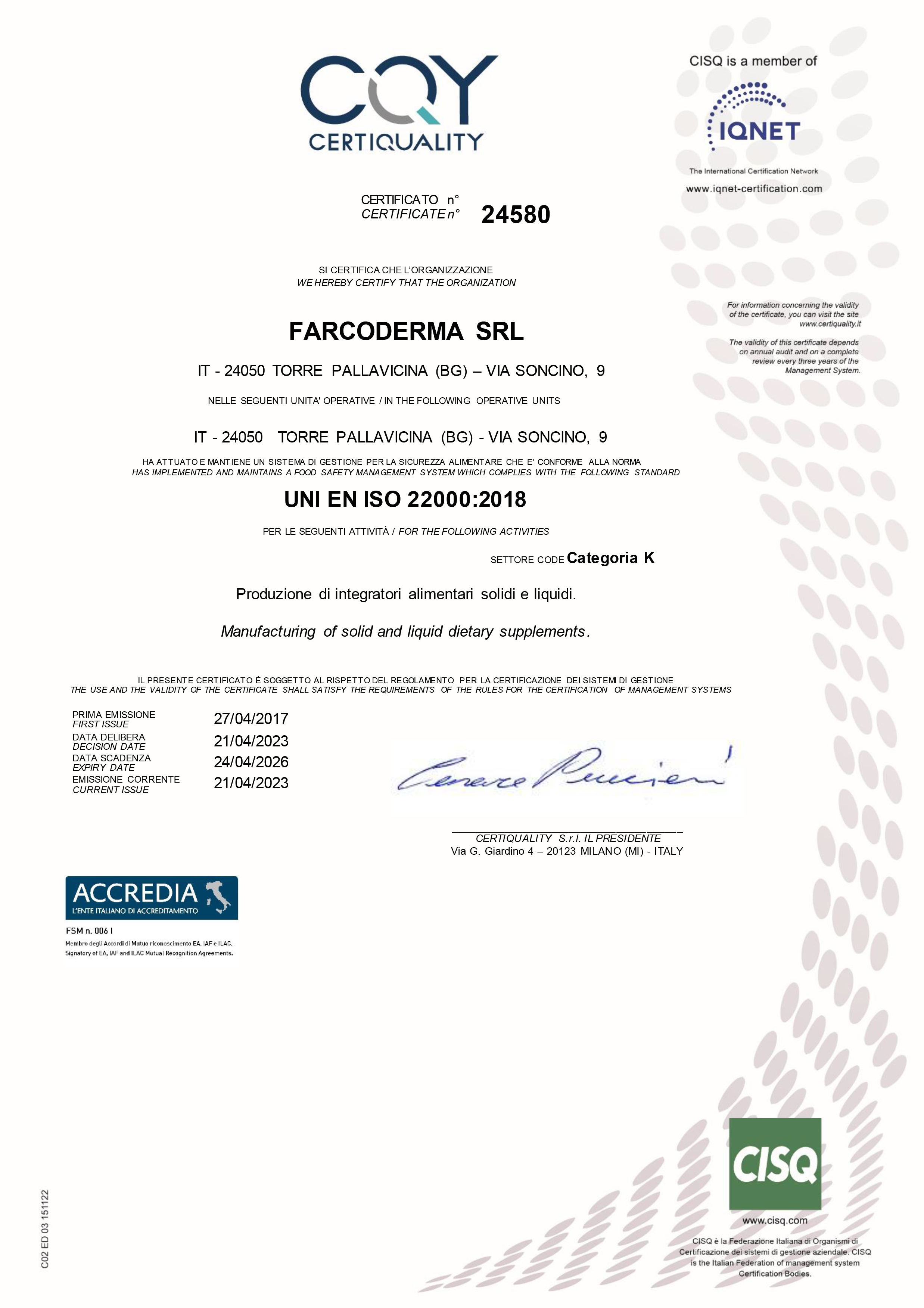 Certificazione UNI EN ISO 22000