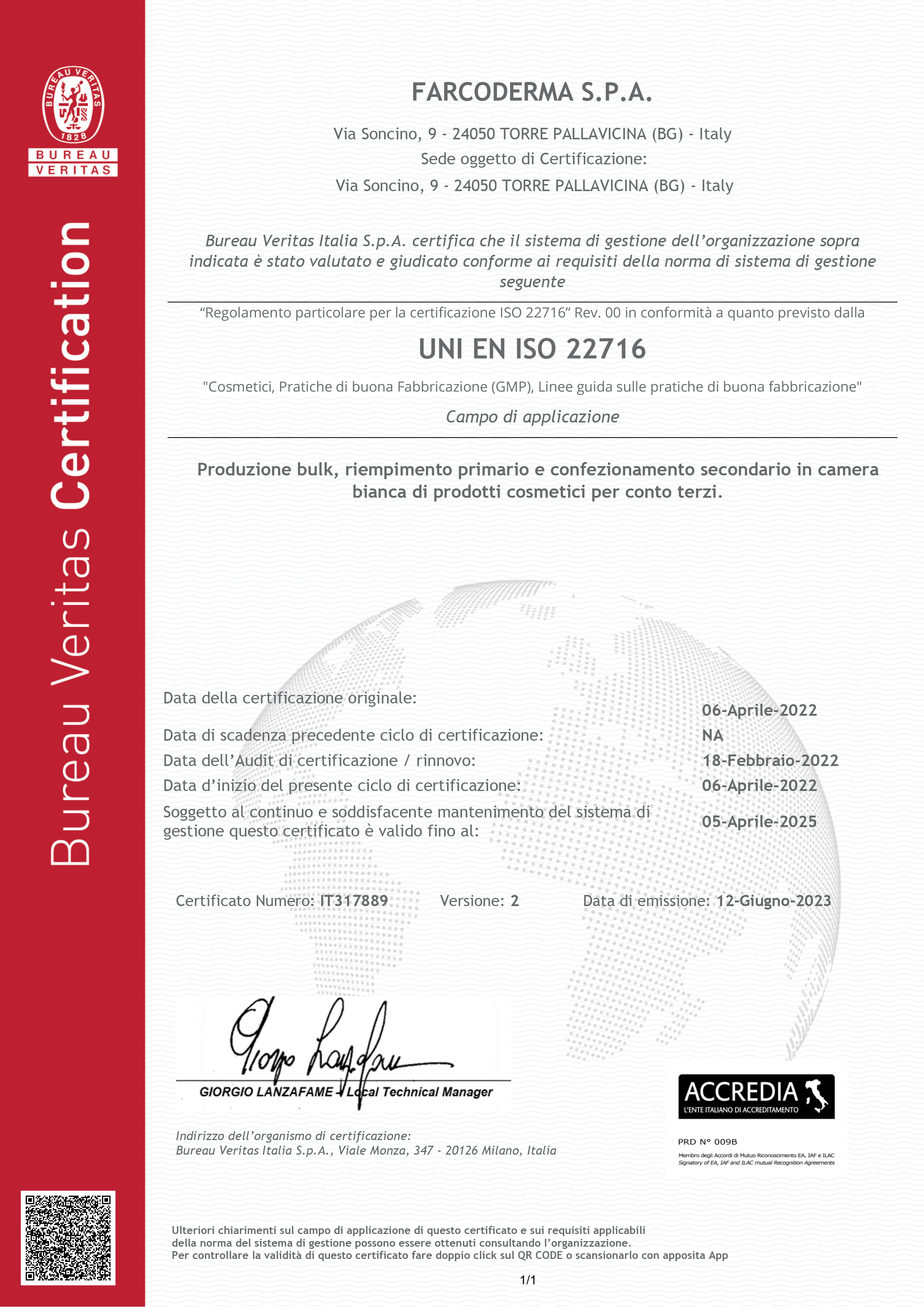 Certificazione UNI EN ISO 22716